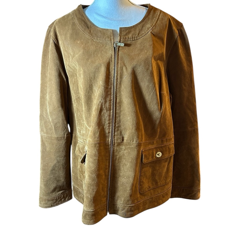 Liz Claiborne Suede Collarless Zip Up Tan Jacket